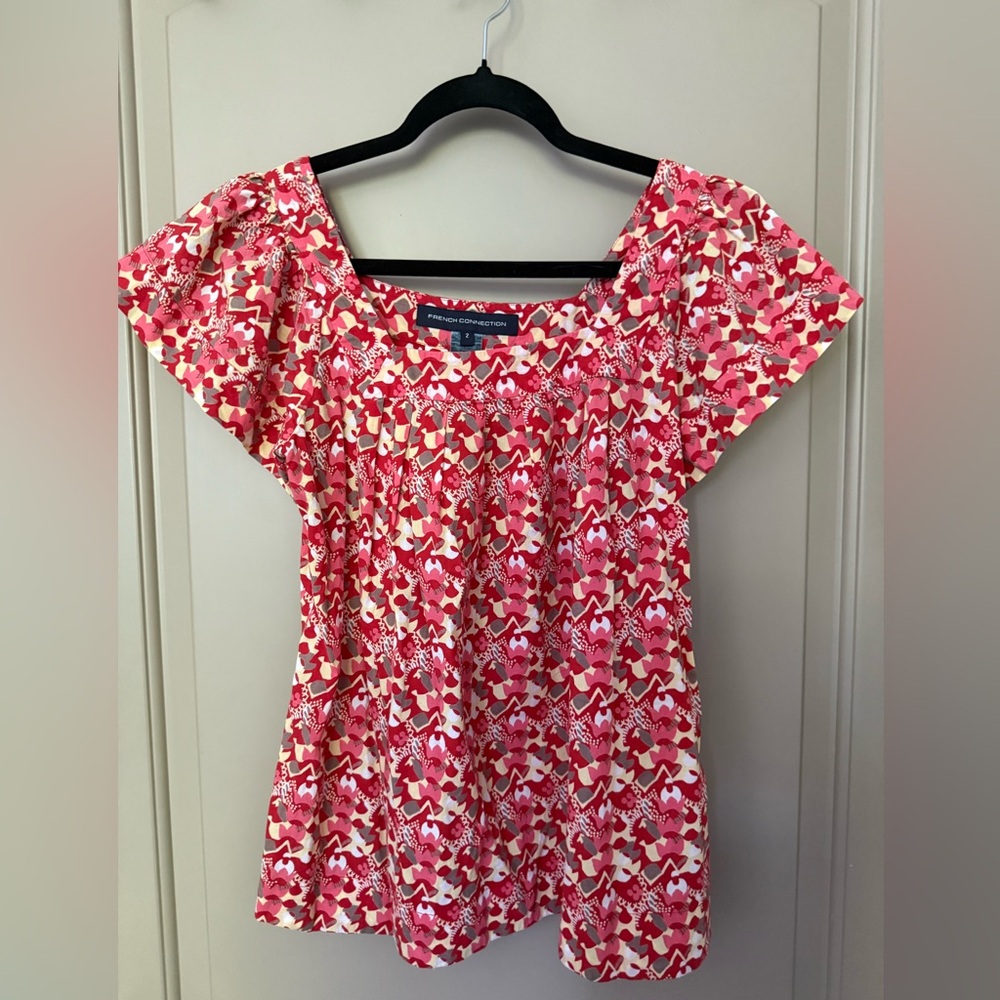 French Connection Red and White Puff Sleeve Blouse